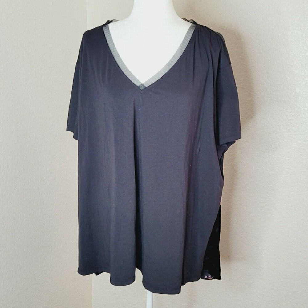Ava & Viv NWT Black Floral Cinched Satin Short Sleeve Blouse Plus Size 3X